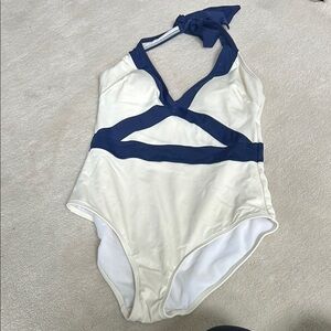 Chic Halter One-Piece Swimsuit - White and Navy